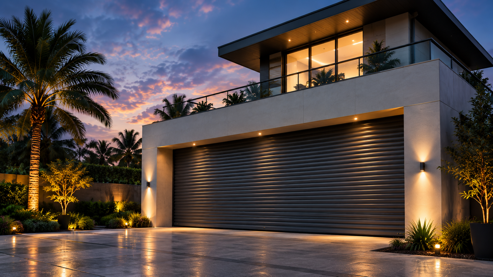 Modern home with automated rolling shutter by RAAM Shutters