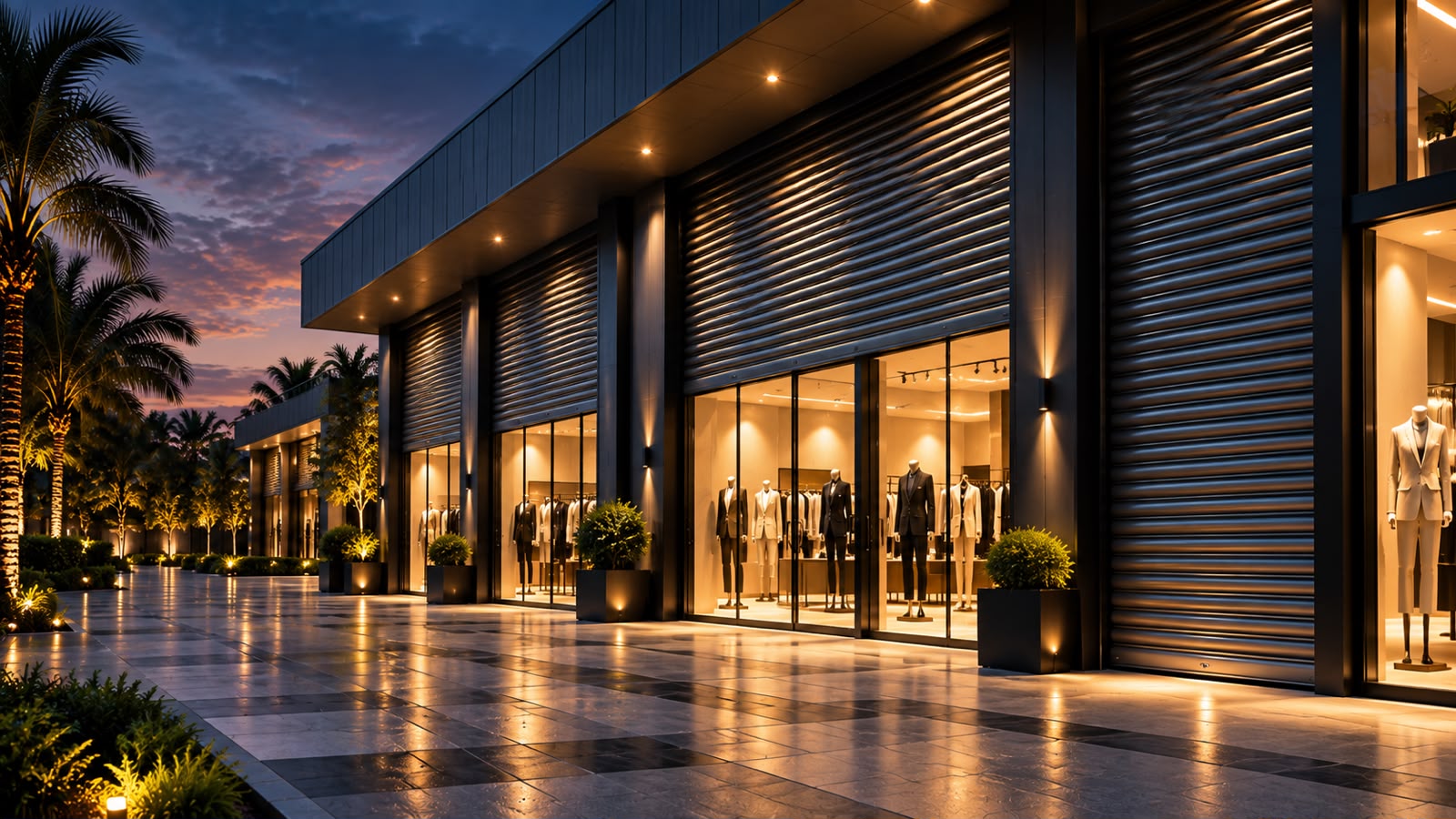 Shopping complex with automated rolling shutters by RAAM Shutters