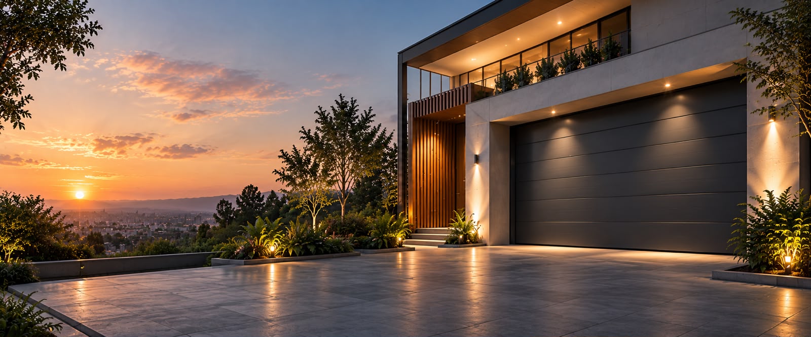Modern home with a motorized garage door by RAAM Shutters