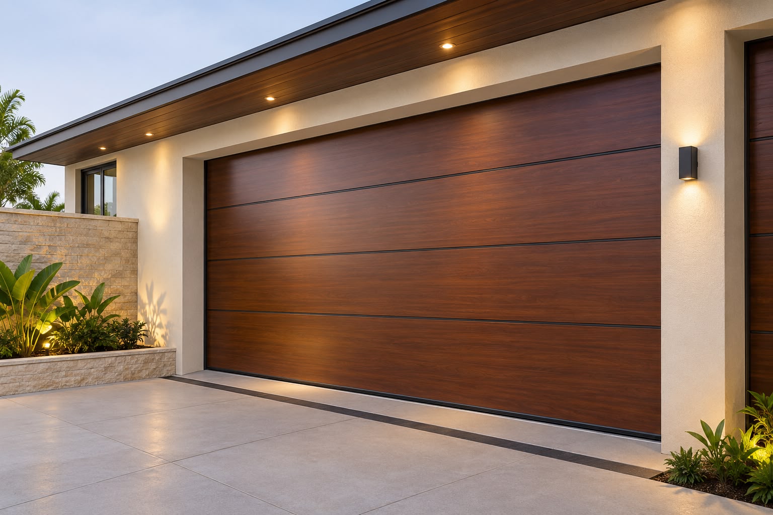 Wooden finish sandwich panel garage door by RAAM Shutters